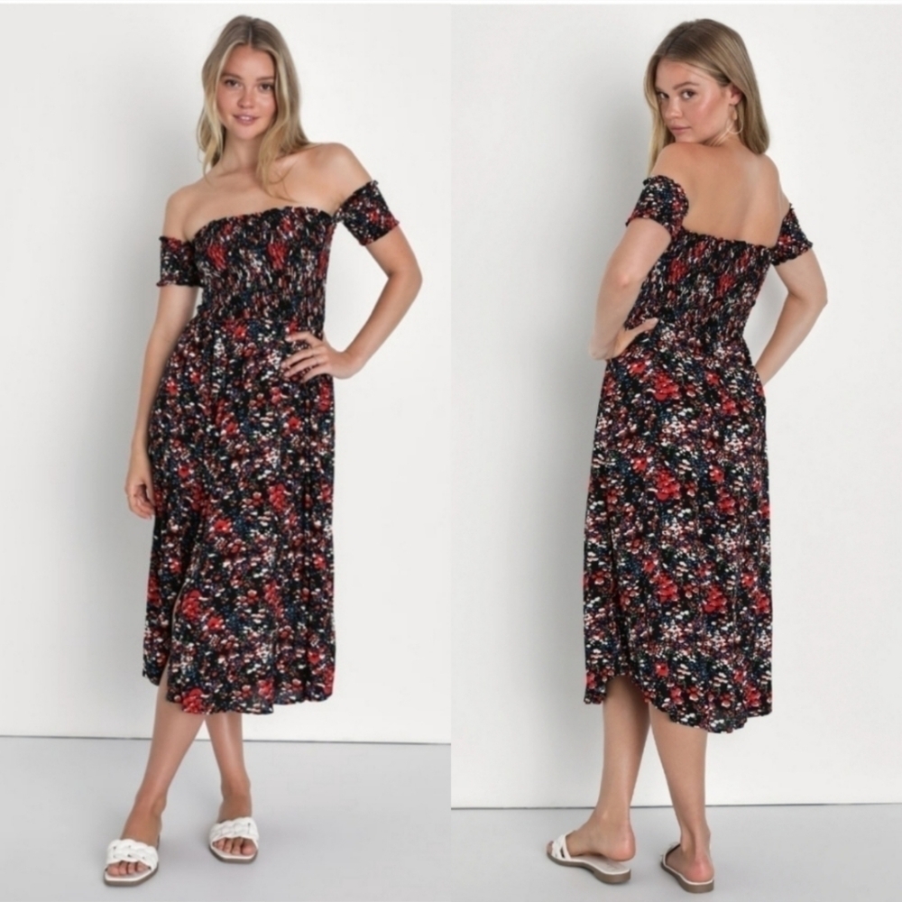 Lulus View from the Meadow Black Floral Print Off-the-Shoulder Dress Size XL